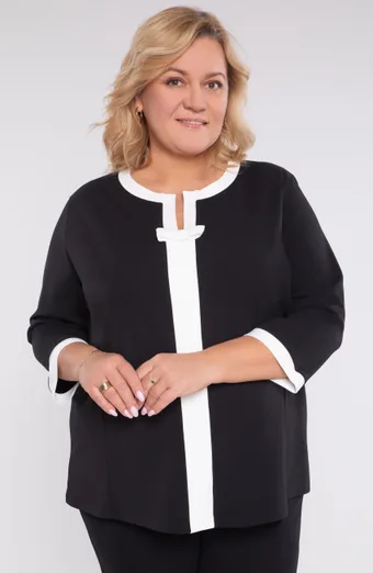 Melna blūze ar baltu apmali un bantīti