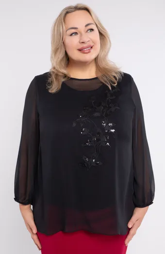 Melna šifona blūze ar rotājumiem