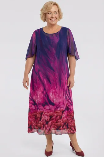 Violeta un rozā spalvu kleita
